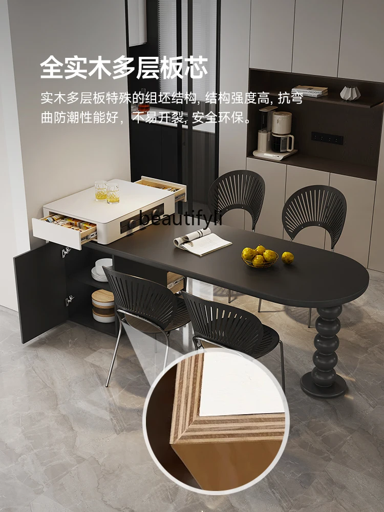 French Style Small Apartment Kitchen Island Dining Table Integrated Retractable Home Pure Black Stone Plate Custom Retro