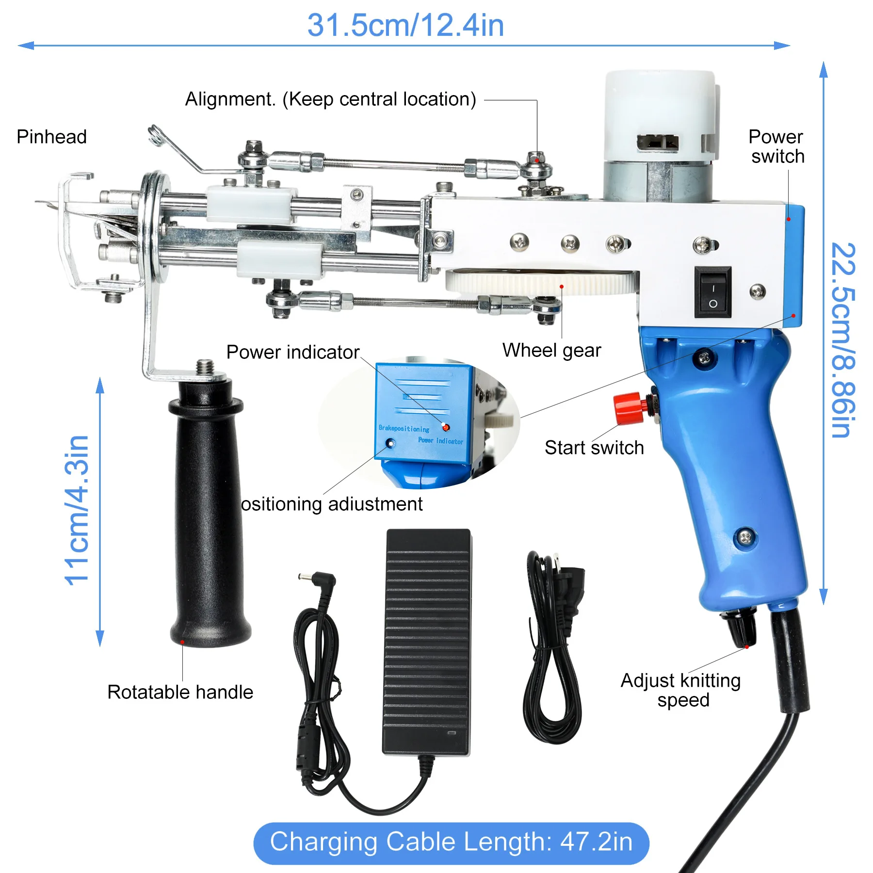 Tapete elétrico acolchoamento arma, arma elétrica, artesanal, velocidade ajustável, azul, 2 em 1