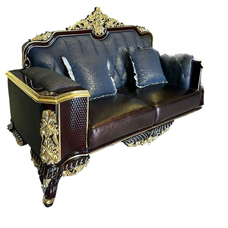 مجموعة أريكة قماشية من الجلد الأسود لغرفة المعيشة فيلا فرنسية نوبل مزيج من الخشب الصلب الفاخر الأوروبي الفاخر #4