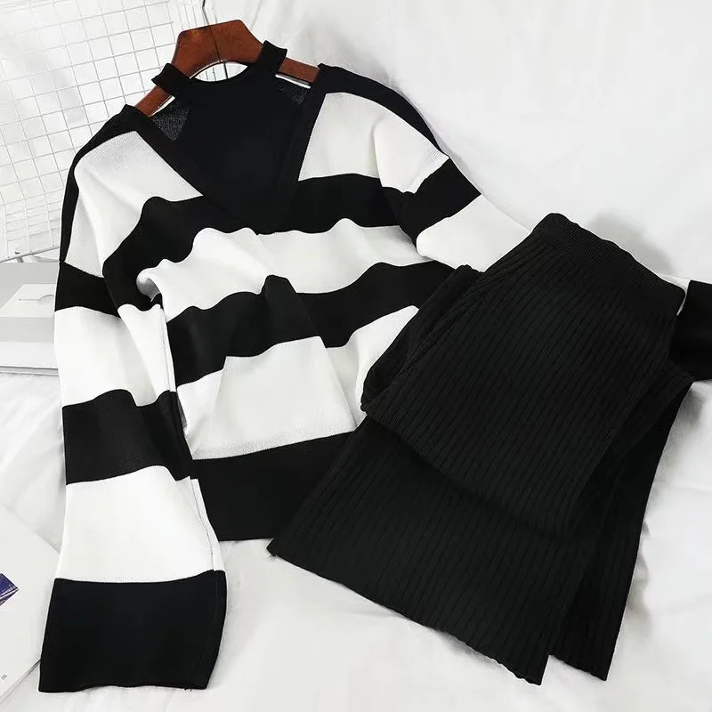 Korean Design Knitted 2 Piece Sets Women Striped Hanging Neck Knitwears Sweater Pullover Tops Suits High Waist Sweatpants Outfit