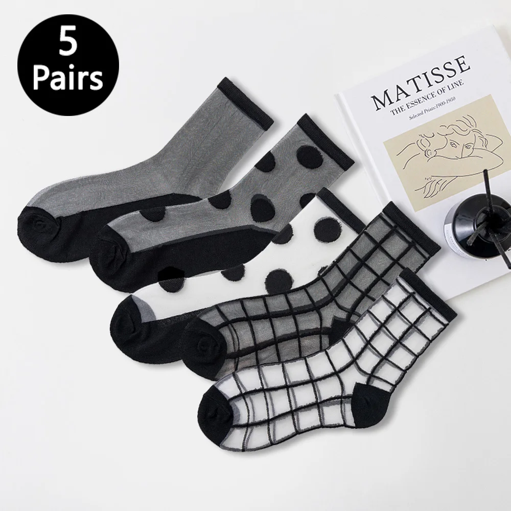 5 Paar Damensocken, sexy Spitzensocken für Damen, transparente Socken für Frühling und Sommer, schwarz-weißes Gittermuster, bequem und atmungsaktiv
