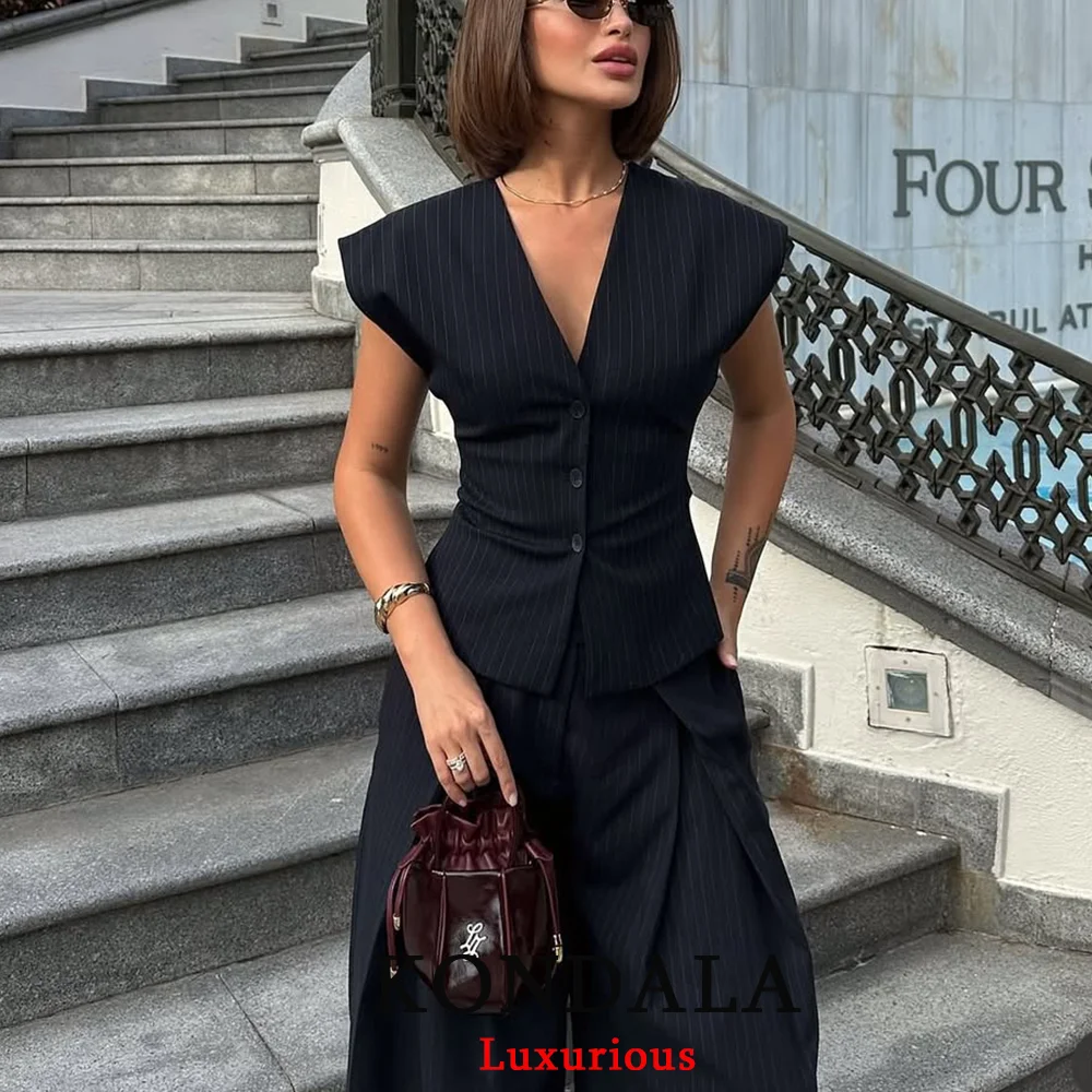 KONDALA خمر مخطط طباعة النساء الدعاوى الخامس الرقبة أزرار ضئيلة سترة عالية الخصر بنطال ذو قصة أرجل واسعة موضة 2025 الخريف مكتب الدعاوى