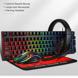 2024 NEW T-WOLF 4 in 1 Keyboard Mouse Headset Set Mouse Pad Wired Game Home Office Set Computer Accessories Luminous Keyboards