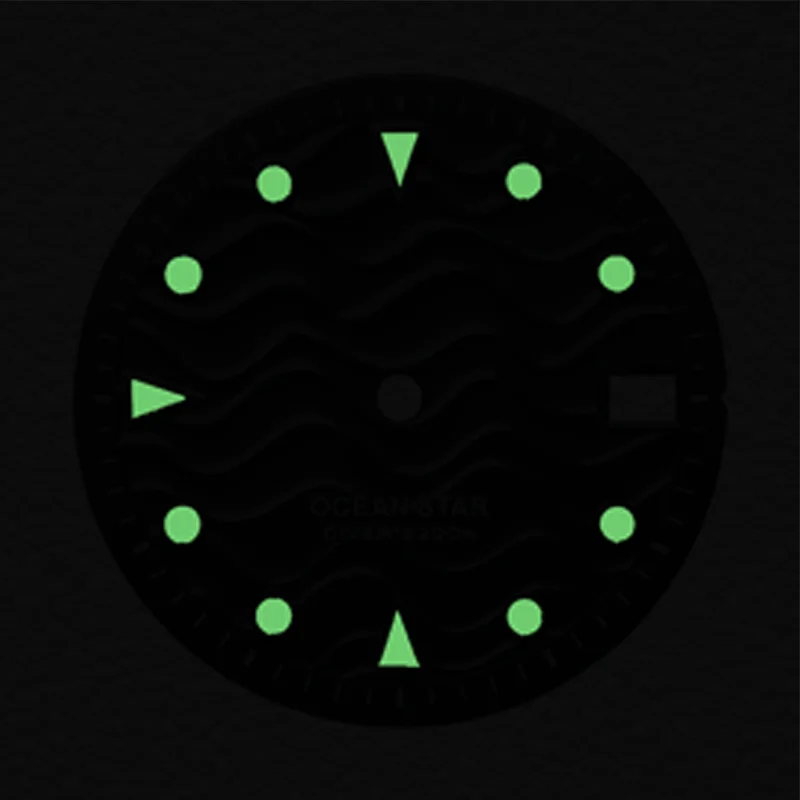 قرص NH35، شعار 28.5 مم S، قرص بنمط تموج، مضيئة خضراء، مناسبة لحركات NH35/NH36، ملحق الساعة الميكانيكية.