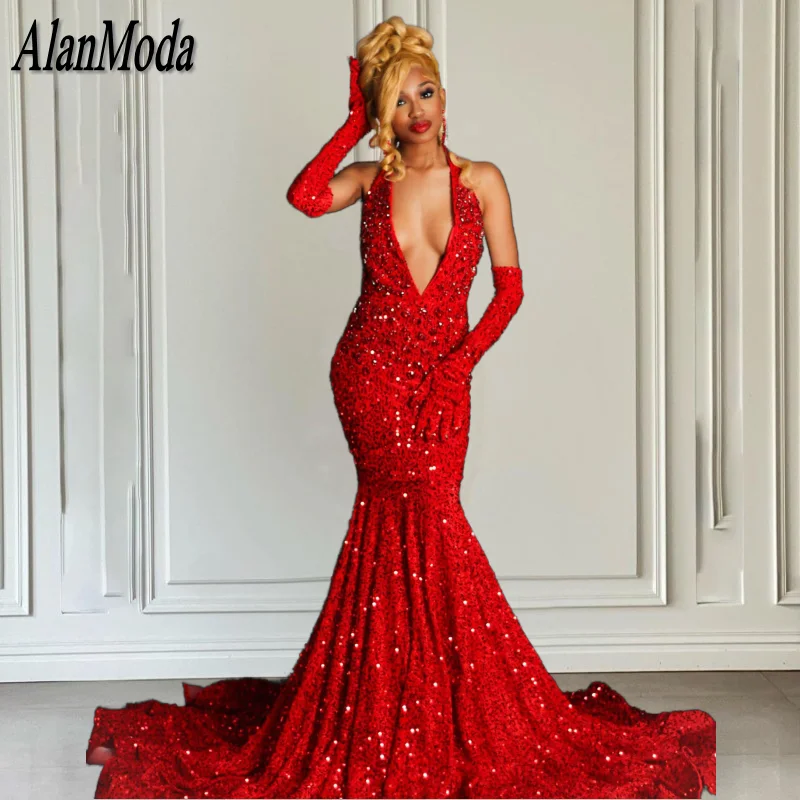 Sexy Deep V Neck Prom Dresses With Golve Beading Mermaid Party Gowns Halter Sequin Evening Dress Long Vestidos De Graduación