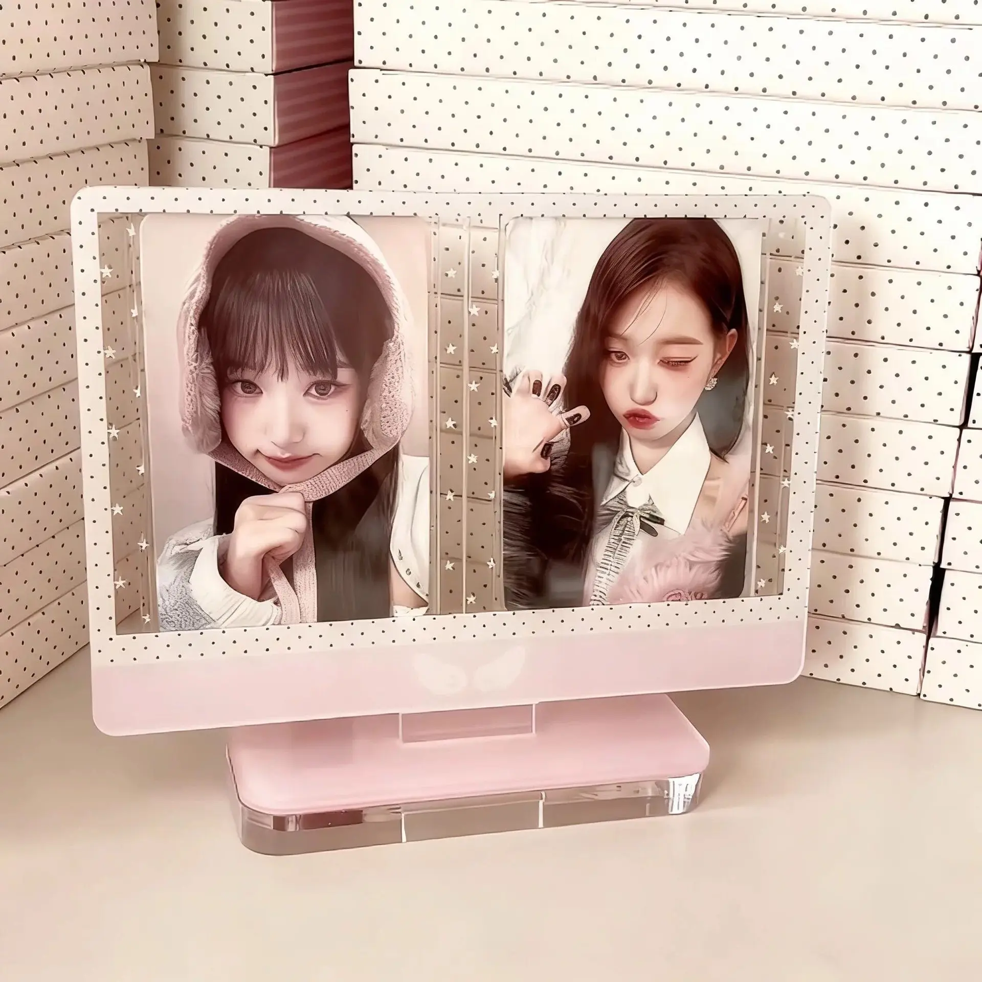 Polka Dot Double Slot Photocard Holder 3 Inch Instant Photo Frame Stand for Collectible Cards Desktop Display Decor