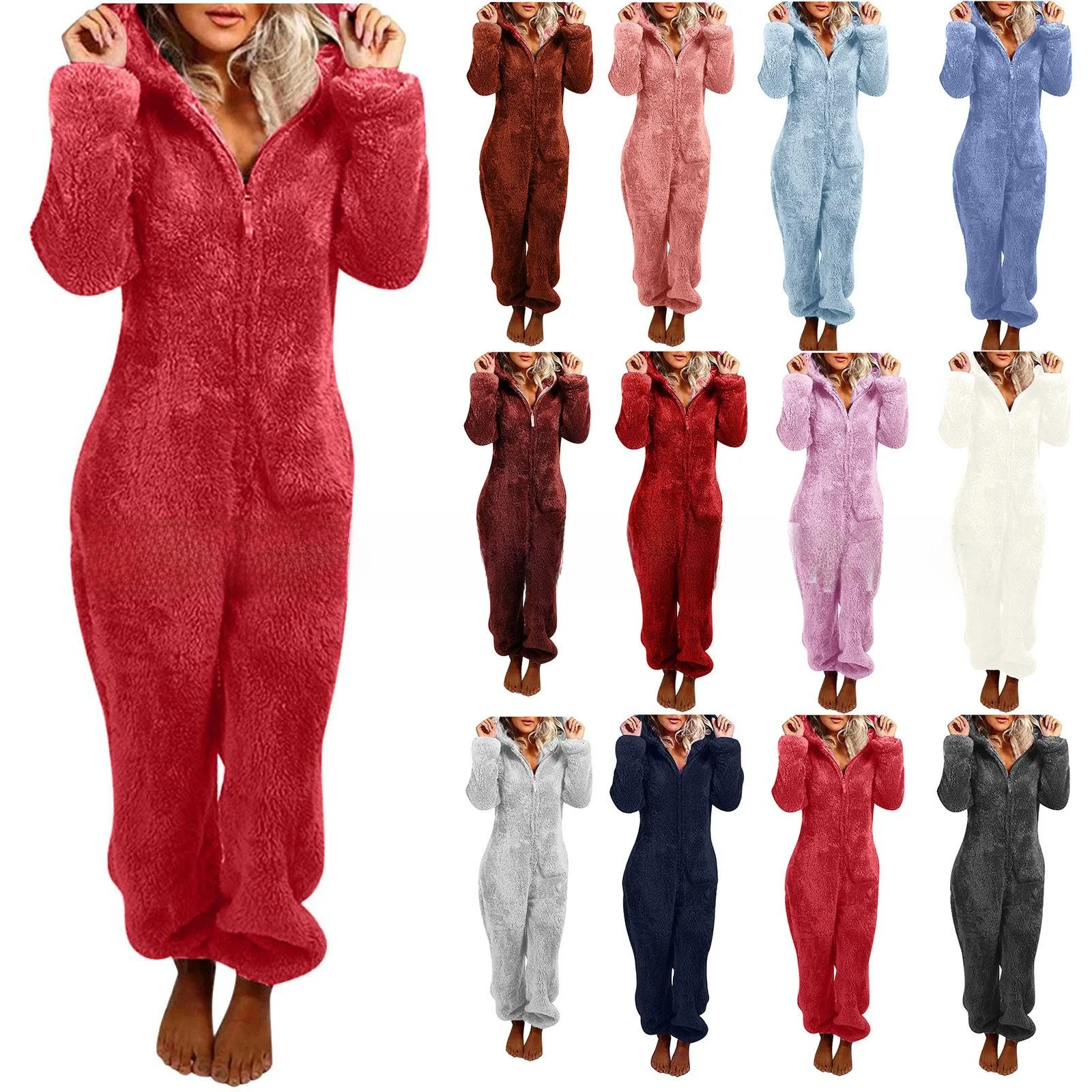 

Thi Woolen Hooded Jumpsuit Women's High Waist Long Pants Sweet Sle Autumn Collection No Brand Registered Trademark