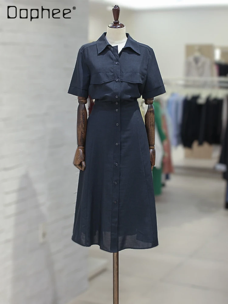 ファッションシングルブレストシャツ半袖ドレス女性の夏の新しい通勤スタイルエレガントなハイウエスト痩身カジュアルドレス