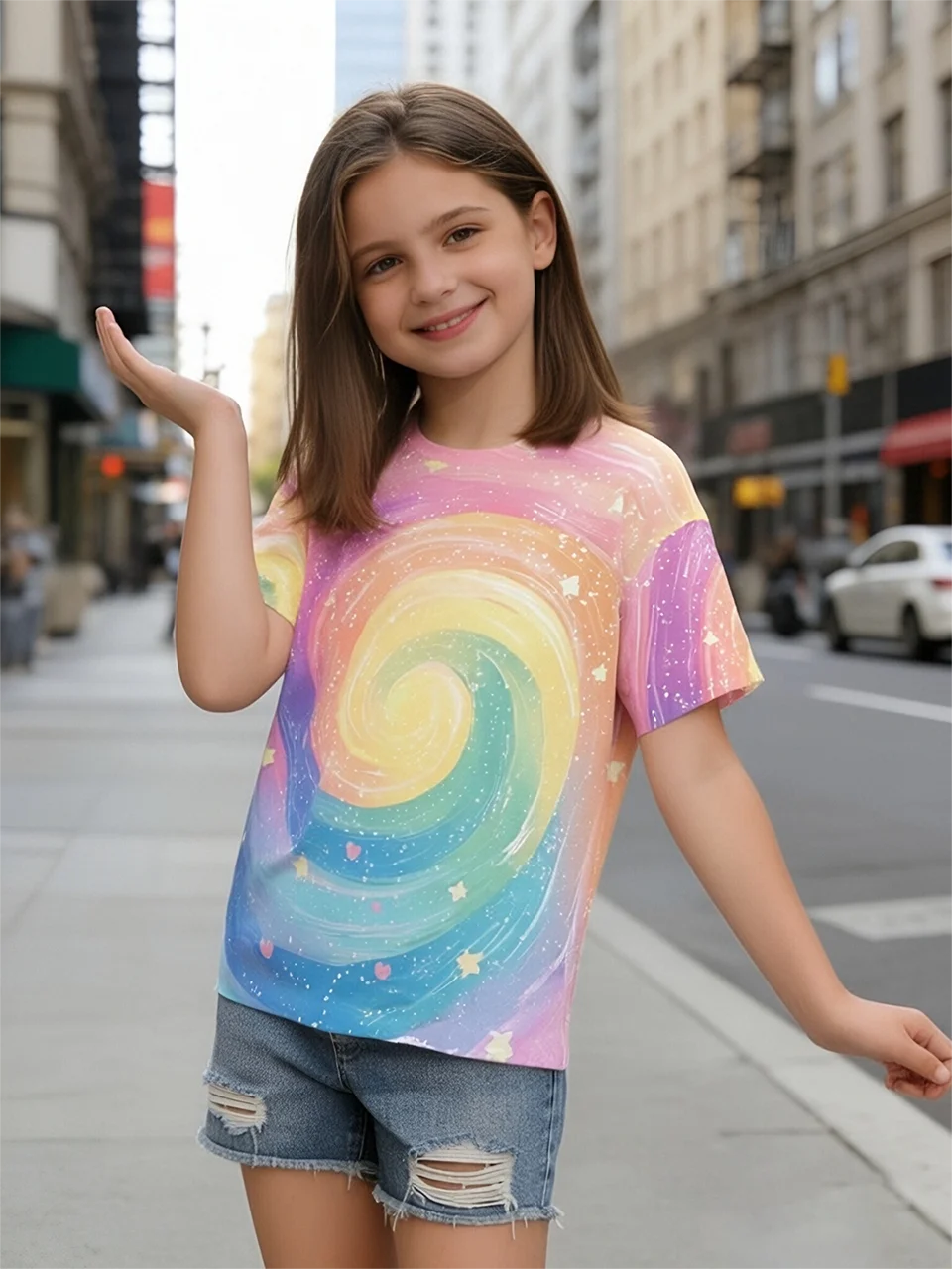 

2026 summer new girls short-sleeved T-shirt, rainbow swirl star printed cotton top