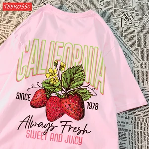 Yaz pamuklu t-shirt, kadın kaliforniya çilek baskı kısa kollu o-boyun büyük boy, nefes, rahat kadın giyim Gömlek çilek 6 büyük satış - №6