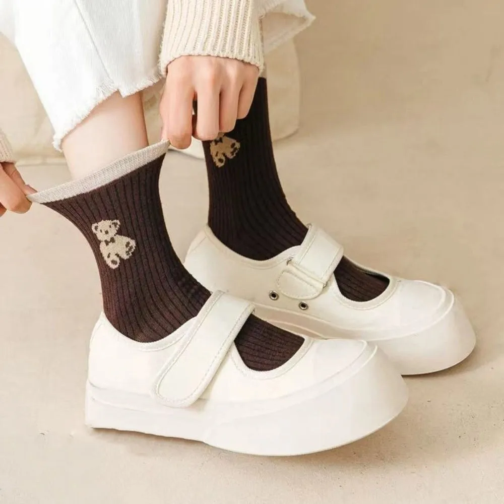 

10Pairs Soft Cartoon Tube Socks Women Stripe Harajuku Cute Bear Socks Breathable Hosiery Mid-Calf Socks Streetwear