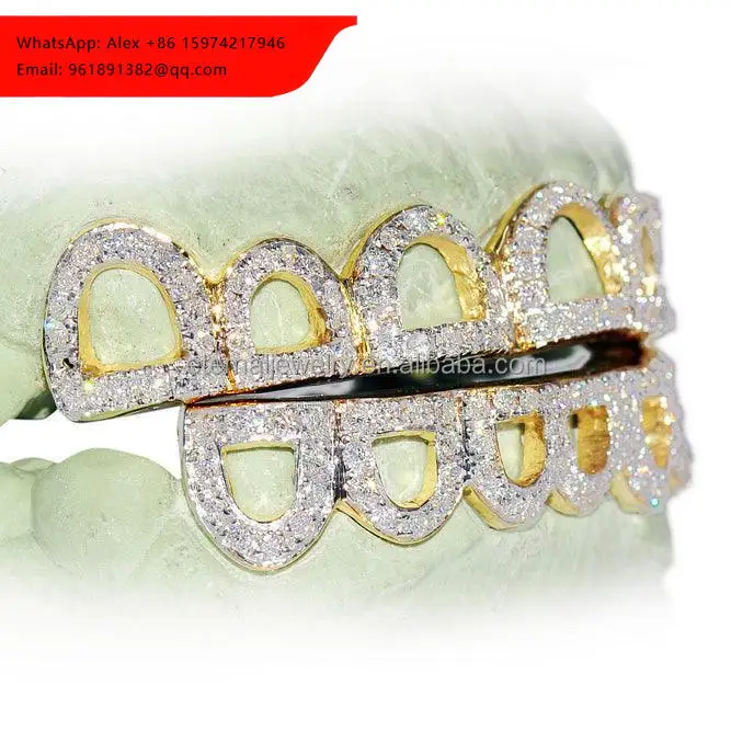 

Custom Open Face Silver 925 Plating 18k Gold Teeth Grillz With Round Brilliant Cut Diamond Grillz For Moissanite Grillz