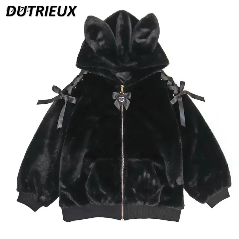 Japanese Style Sweet Cute Furry Rabbit Ears Hooded Long Sleeve Belt-Loop Short Coat Women Autumn Winter SC Thermal Zipper jacket