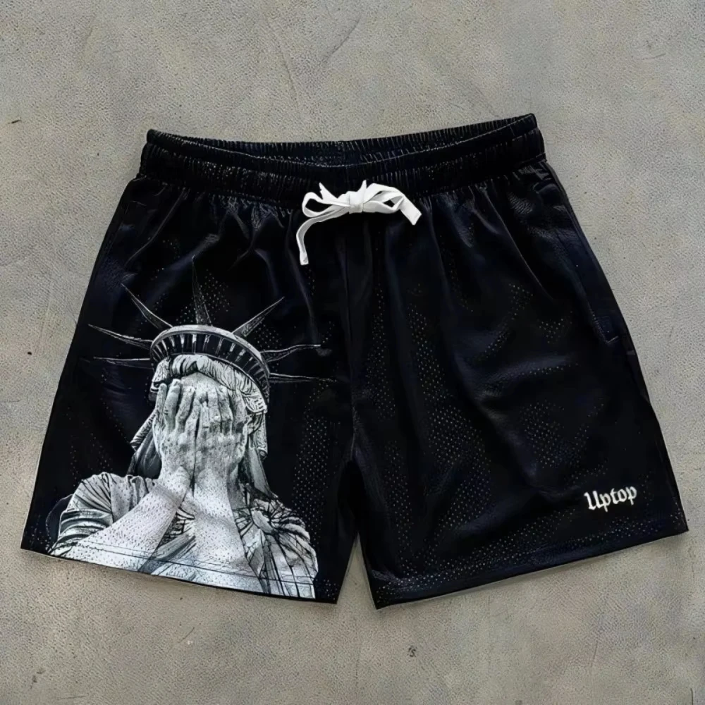 

European and American men's summer Statue of Liberty 3d print comfortable breathable drawstring shorts outdoor casual pants