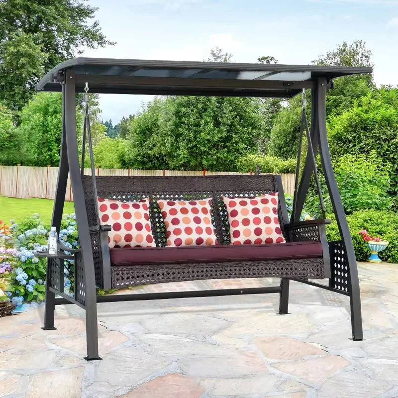 أرجوحة الشرفة الخارجية مع لوحة الكمبيوتر الصلبة مسند الظهر الروطان وسادة سميكة 3 مقعد فناء أرجوحة لحديقة الحديقة حسب الطلب