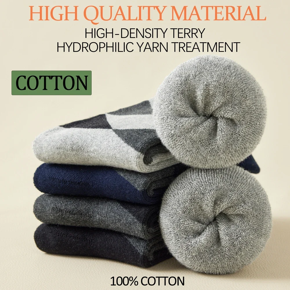 Meias masculinas retrô de algodão argyle, forradas de lã, sola felpuda, meias longas de algodão anti-odor, meias de cano médio para o calor do inverno