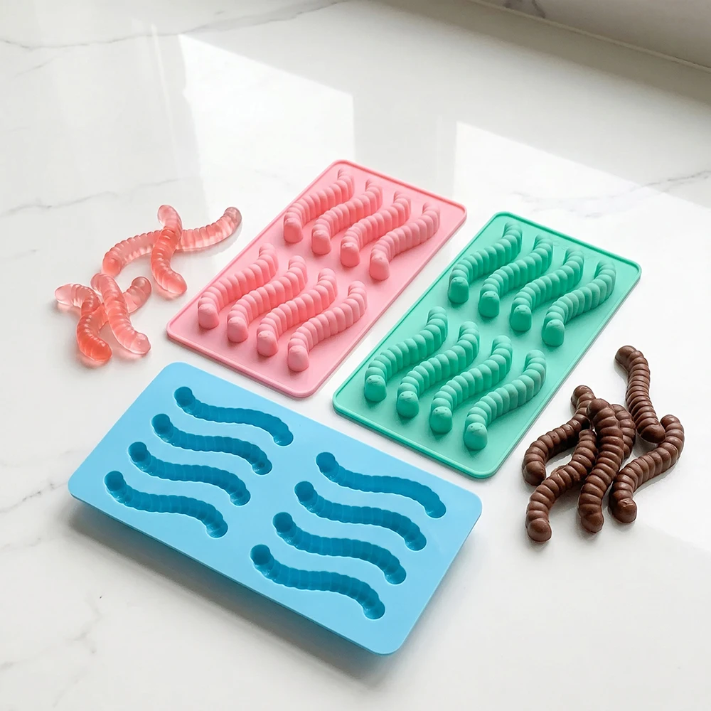 Stampo in silicone a 8 cavità da 3 pezzi per caramelle gommose a forma di lombrico, cioccolato a forma di bruchiolo, dessert, decorazioni per torte, prodotti da forno