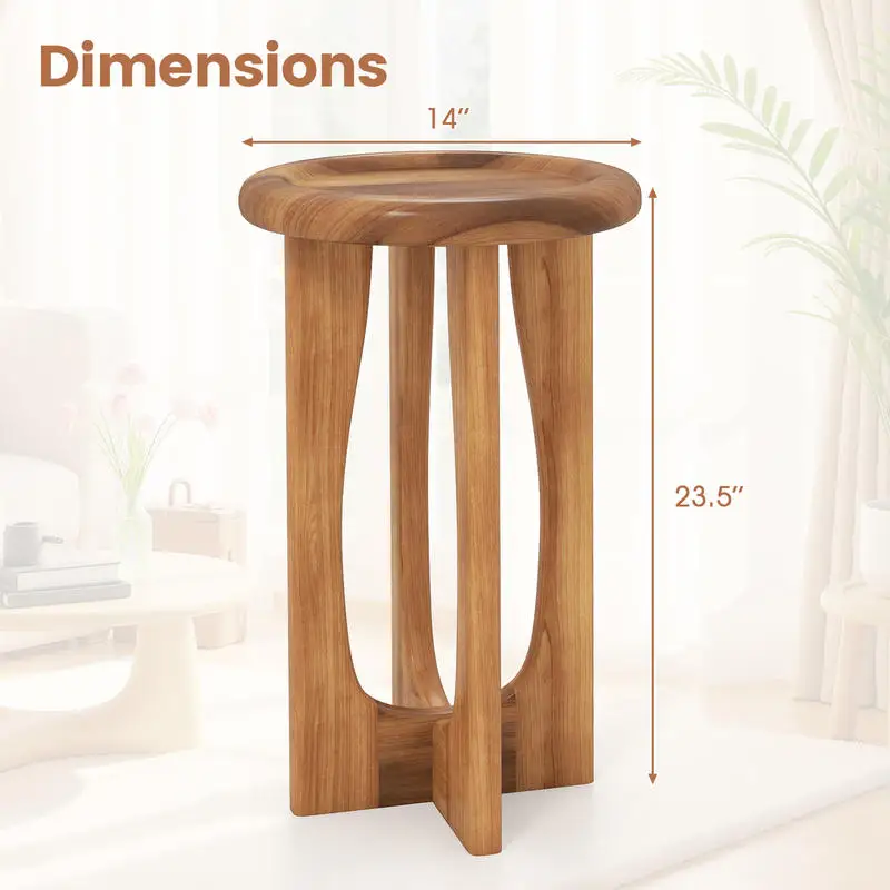 

14 Inch Farmhouse End Table with Round Tray Top and Wood Cross Legs