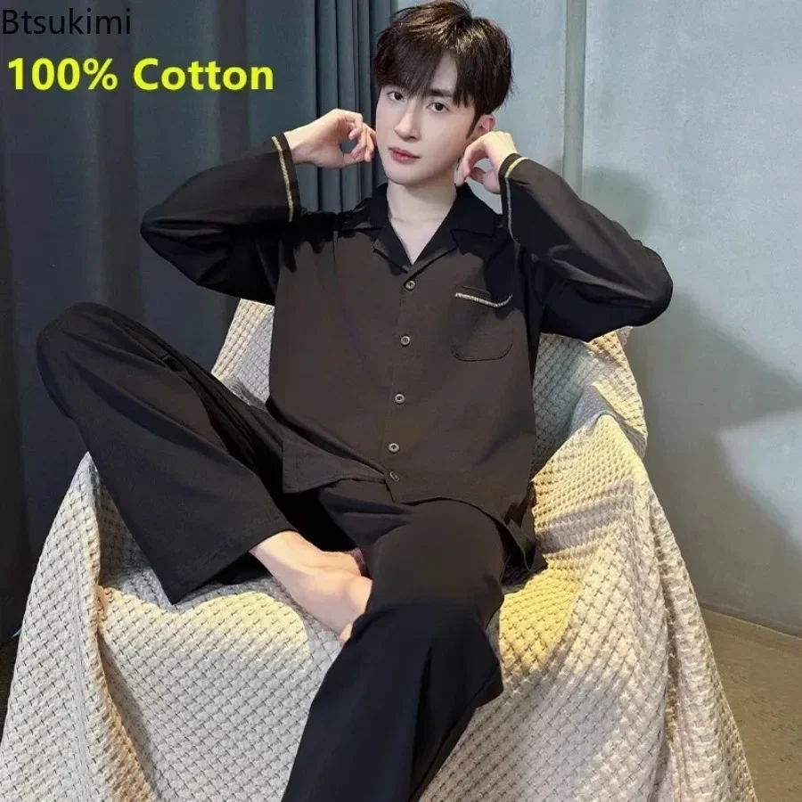 2026 Men's Pajamas Sets New 100% Cotton Long Sleeve+Pants Homewear Loungewear 2 Pieces Men Fashion Comfort Sleepwear Four Season