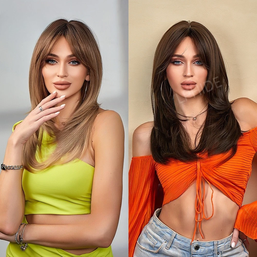 

European and American wigs medium long hair long bangs dark brown gentle cognitive mechanism high temperature silk wigs rose mes