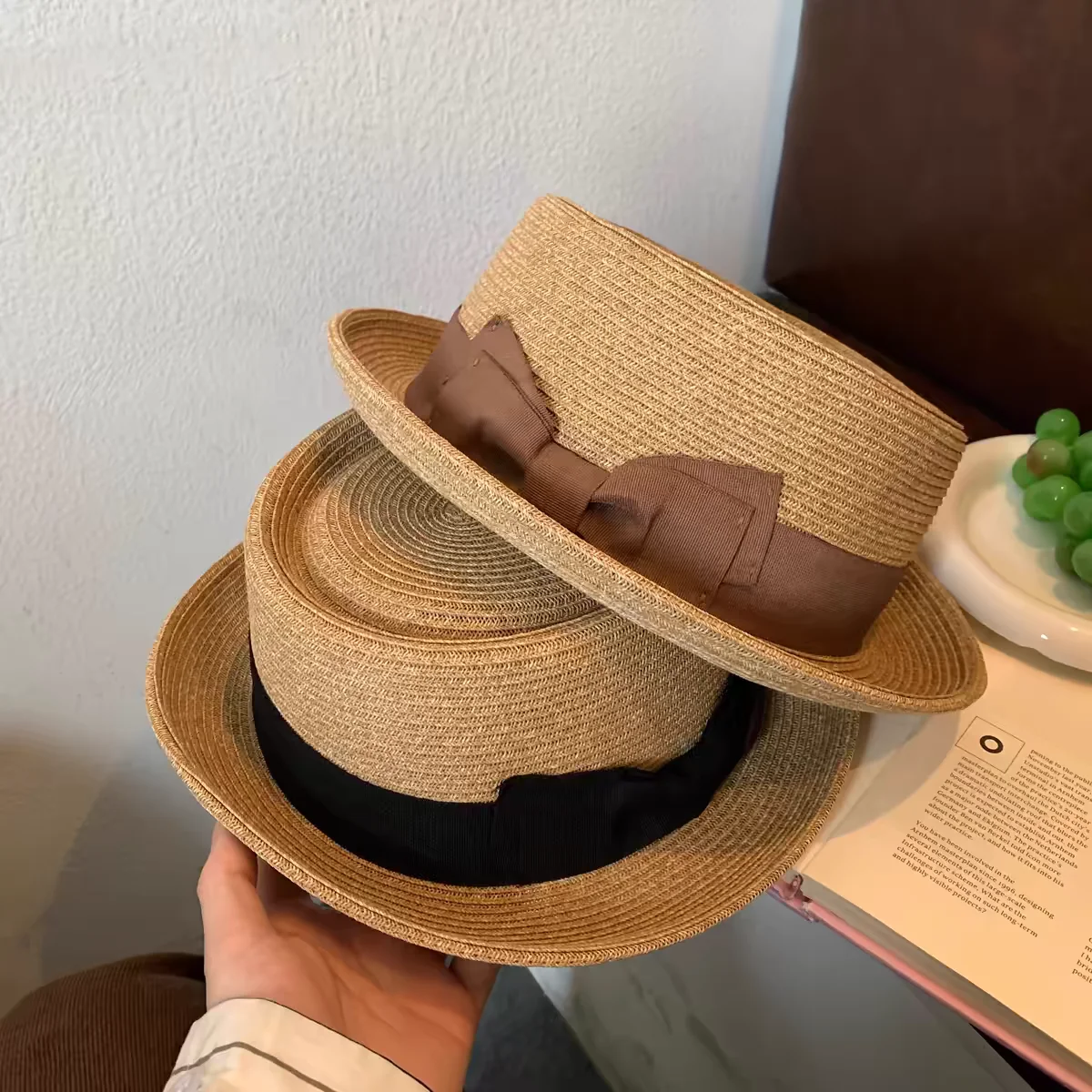 Classic Porkpie hat straw pork pie straw hat for men bow hat roll brim fedora sun hat summer trilby jazz hat vintage felt hat