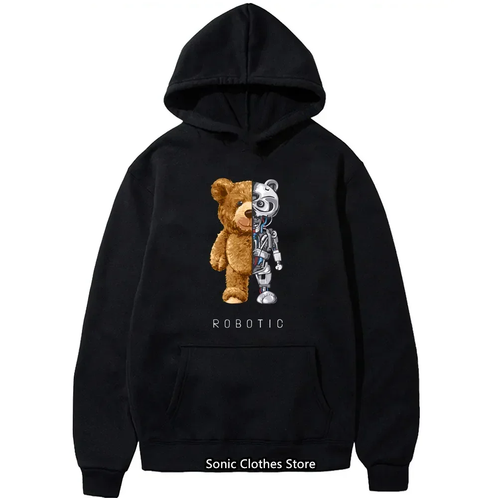 New Funny Teddy Bear Robot Hoodie Robotic Bear Clothing Casual Hooded Men Fashion Sweatshirts Fleece Oversized Loose Streetwear