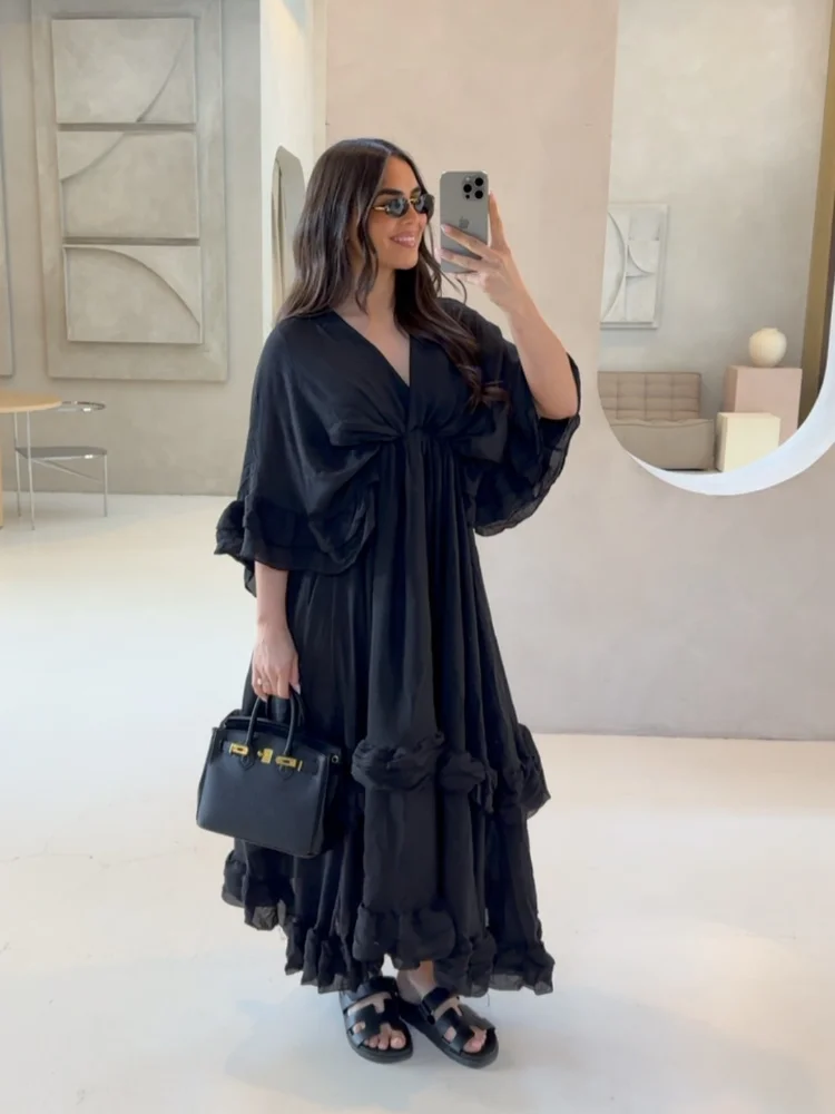 Mulheres cintura alta manga cheia a linha vestido longo branco decote em v chiffon em camadas babados maxi vestidos de verão senhora high street robes