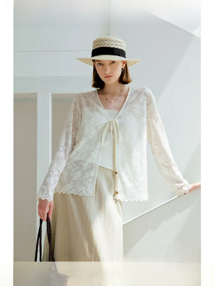 

Loose Long Sve V-Ne Open Cardigan Women's Cotton Sensation Hollow out Floral Design Summer Outerwear Faion Ladies' irt