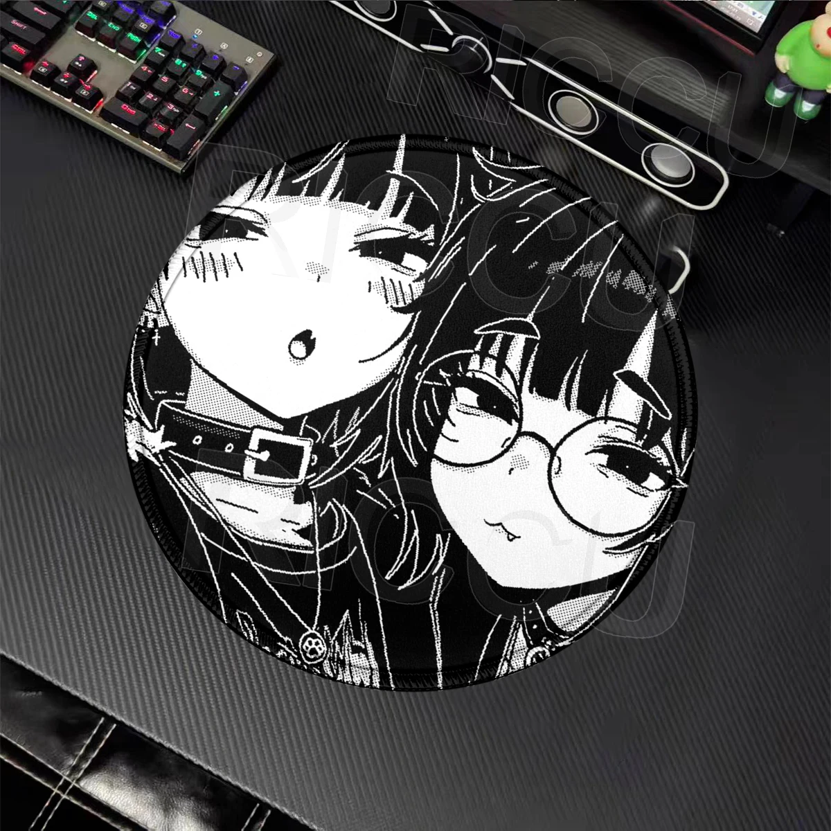 Black White Anime Girl Mouse Pad Gaming Non-Slip Round Mousepad Keyboard Pad Laptop Computer DeskMat Lock Edge Y2K Mouse Carpet