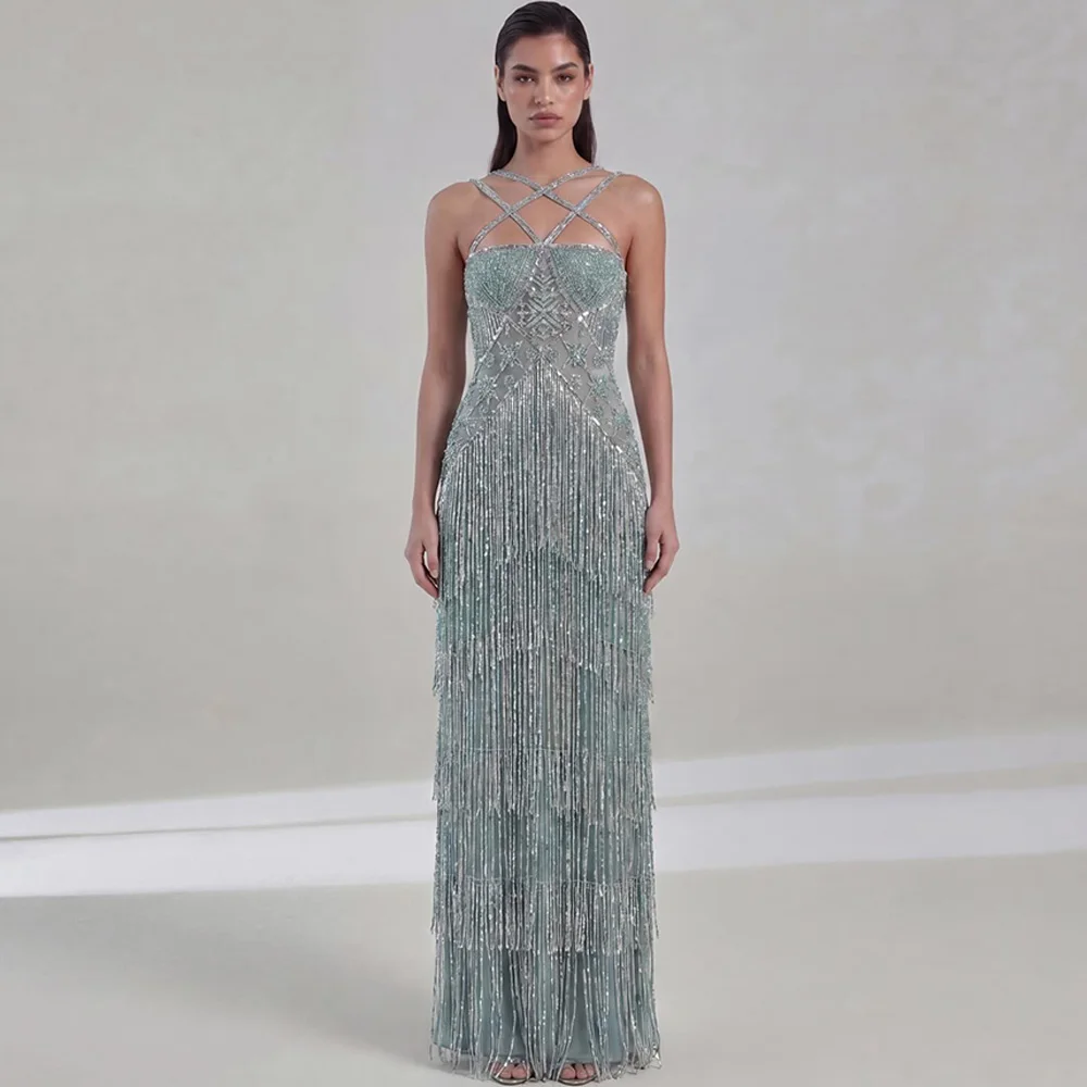 Elegant Strapless Sleeveless Evening Dress Customized Delicate Tiered Tassel Vestido De Noche Sparkly Beading Party Dresses