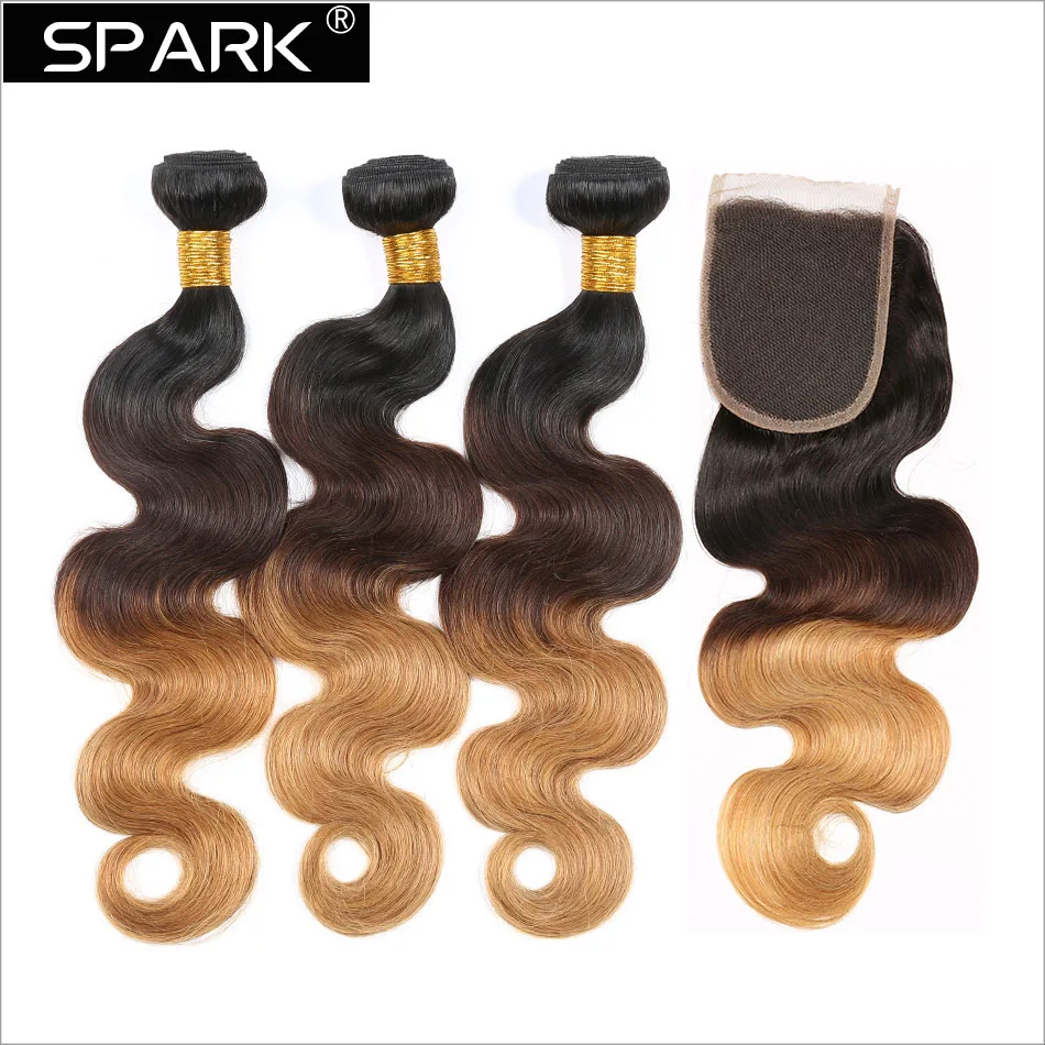 Spark Hair-Peruano Loose Body Wave Pacotes de cabelo humano com fechamento, cabelo remy para mulheres negras, cor marrom ombre