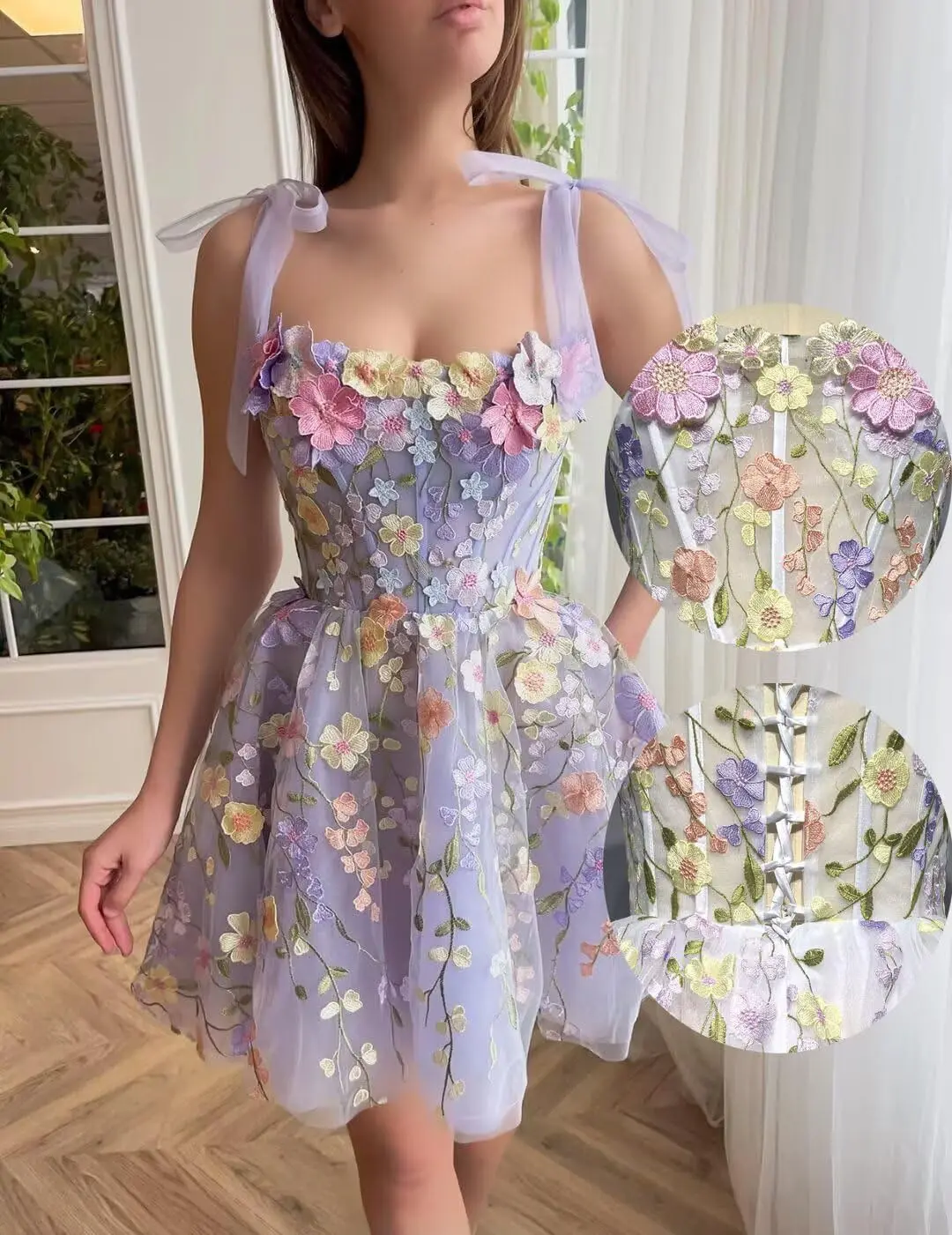 

Embroidery Floral Tulle Homecoming Dresses Short Cocktail Dresses Straps Dresses Lace Elegant Dress Women for Wedding Party