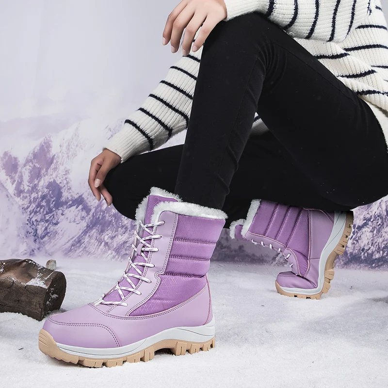 New Winter Women Boots Warm Plush Mid-Calf Women\'s Snow Boots Lace-up Outdoor Waterproof Hiking Boots Chaussures Femme Size 42