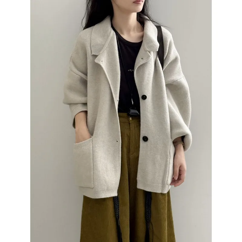 

Autumn Winter Thickened Women Sweater Jacket Loose Collared Solid Color Leisure Elegant Knitted Cardigan Women Top