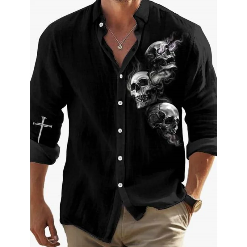 

Summer Men's Vintage 3D Dark Skull Printed Long Sleeve Shirt Spring Fashion New Button Lapels Tops Loose Oversize Comfy Clothing