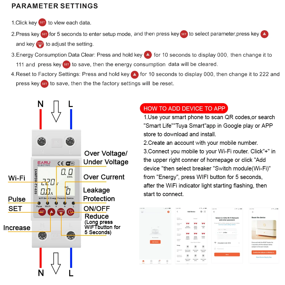 63A Tuya Smart WiFi Circuit Breaker Switch BI-Direction Measuring Earth Leakage Over Under Voltage Protector Energy Power Meter