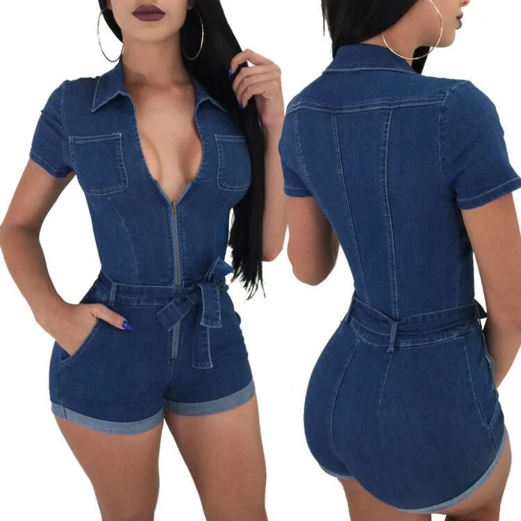 Damskie letnie dorywczo uliczne dżinsy z krótkim rękawem Playsuits głębokie V dżinsy imprezowe wąskie kombinezony damskie body Vintage pajacyki