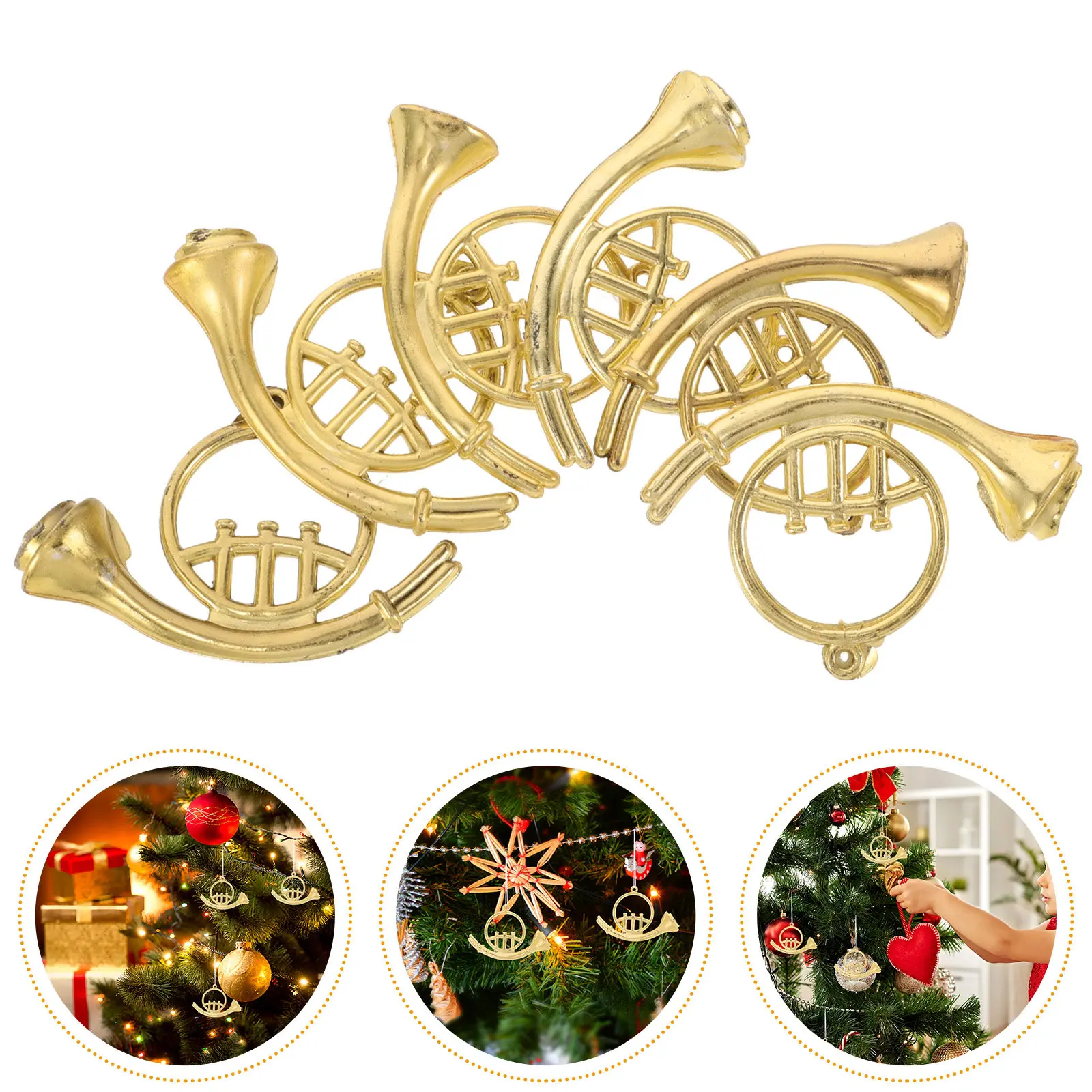 12Pcs Golden Curved Horn Decorations Mini Musical Instruments for Christmas Tree Wreath Home Office Mall Holiday Decor Vintage