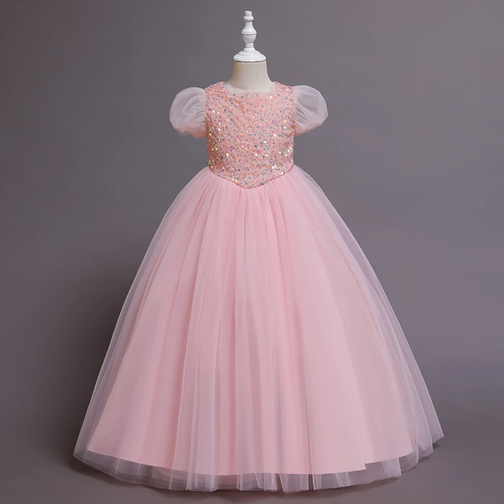 4 Colors 110cm-160cm European and American Children Dress Girl Short Sleeve Sequined Princess Floor-length Performance Vestidos