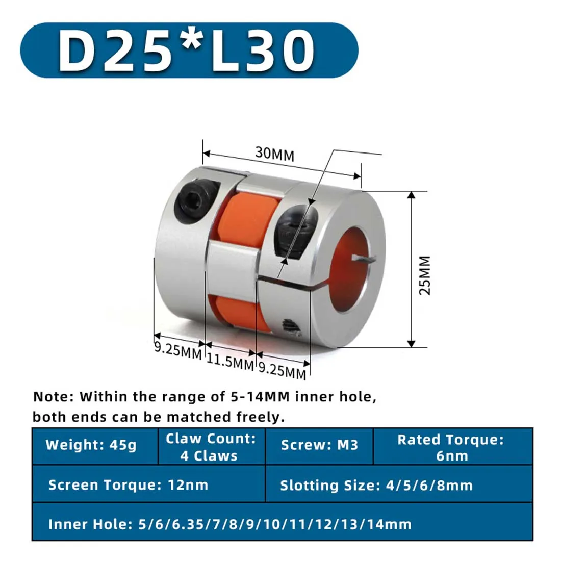 D25L30 Shaft Coupler Flexible Plum Coupling CNC Stepper Motor Jaw Spider 5~14mm