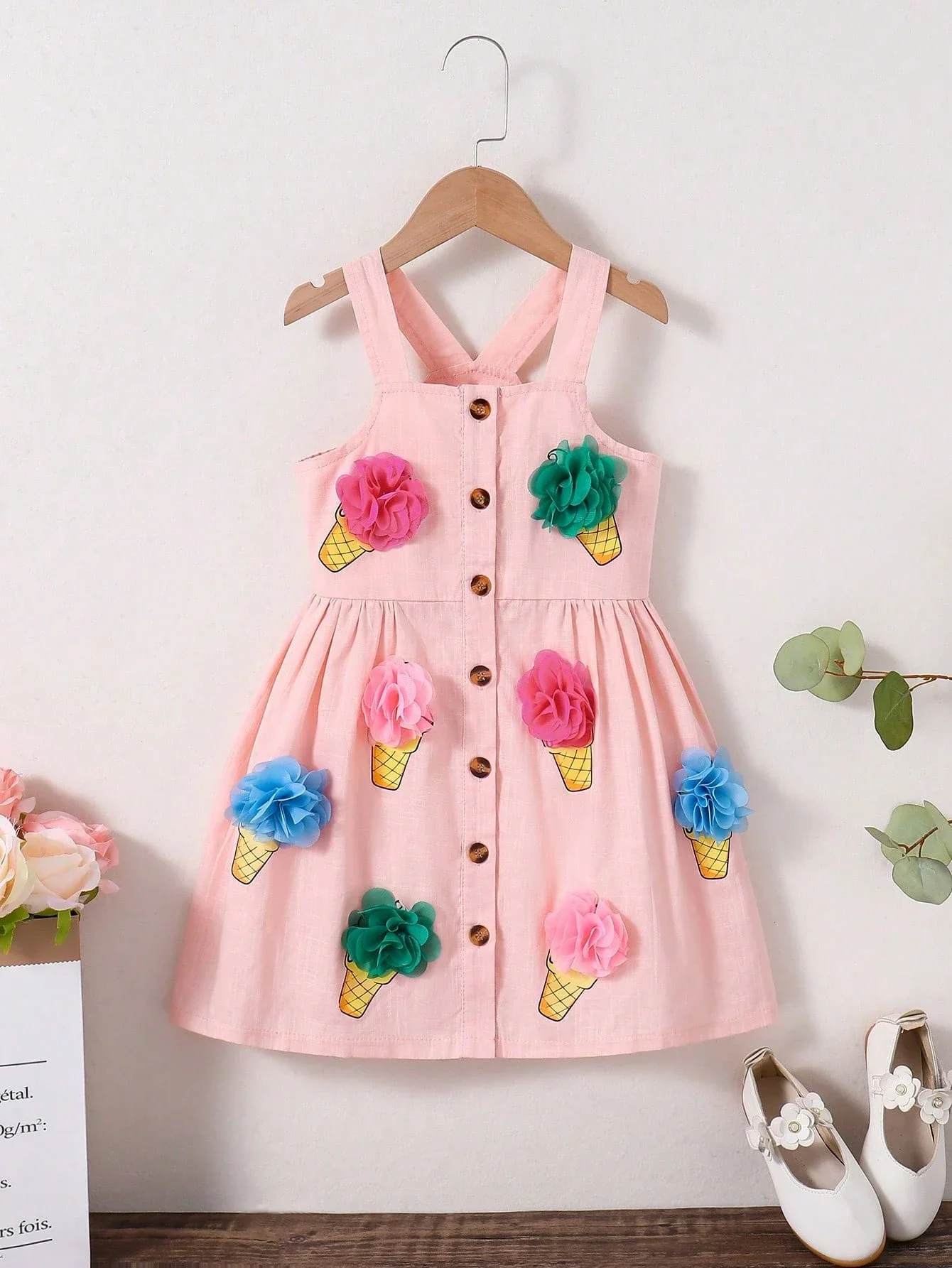 

Розовое платье без рукавов с принтом мороженого и 3D-аппликациями в виде цветов для женщин