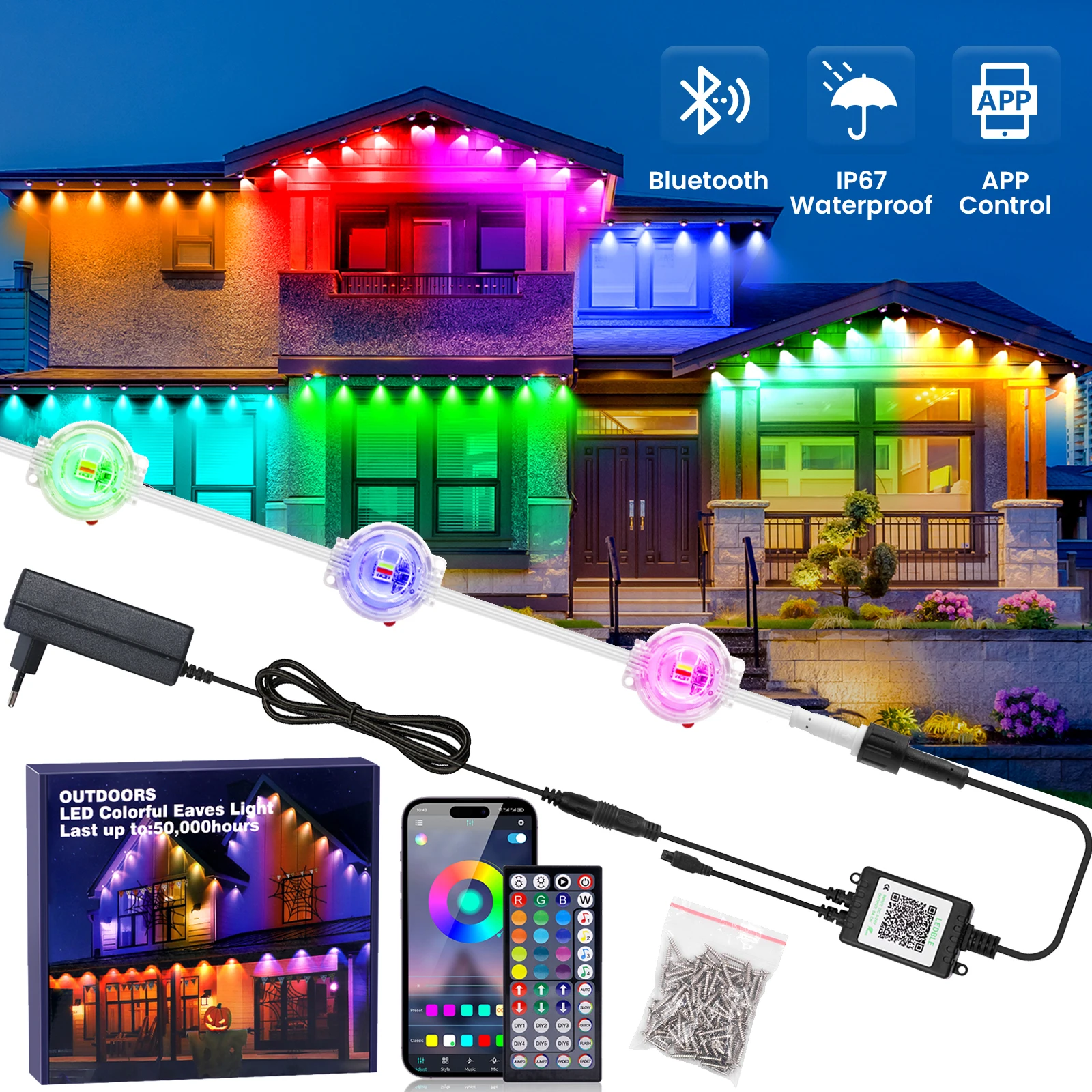 RGBCCT LED Strip 24V Smart Permanent Outdoor Lights Bluetooth Remote Control IP67 Waterproof Eaves Lights for Christmas Wedding