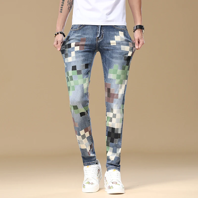 High-end summer jeans men's slim fit skinny street trend Korean style fashionable printed casual denim pants