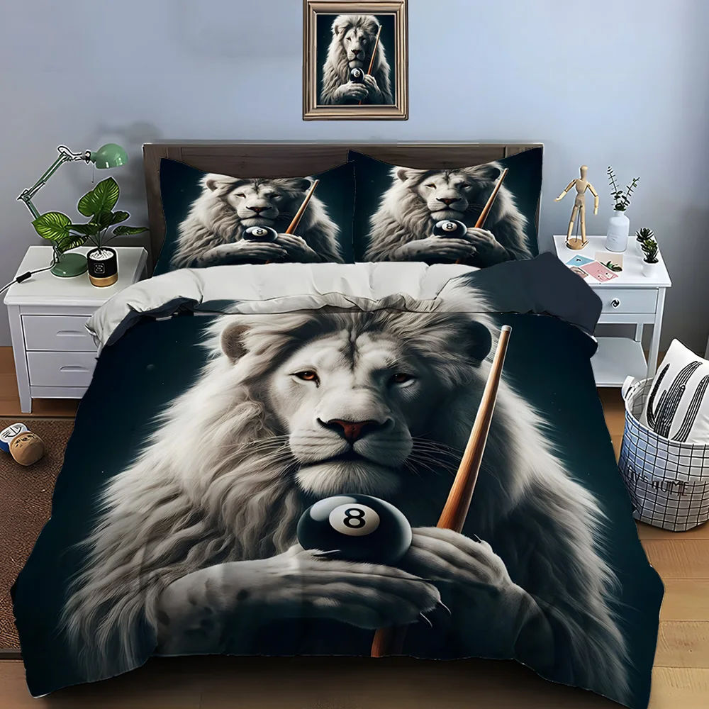 White lion with cue and ball Bedding Set for Kids Luxury Gift 3pcs Digital Print Comforter Set Soft Comfortable Breathable