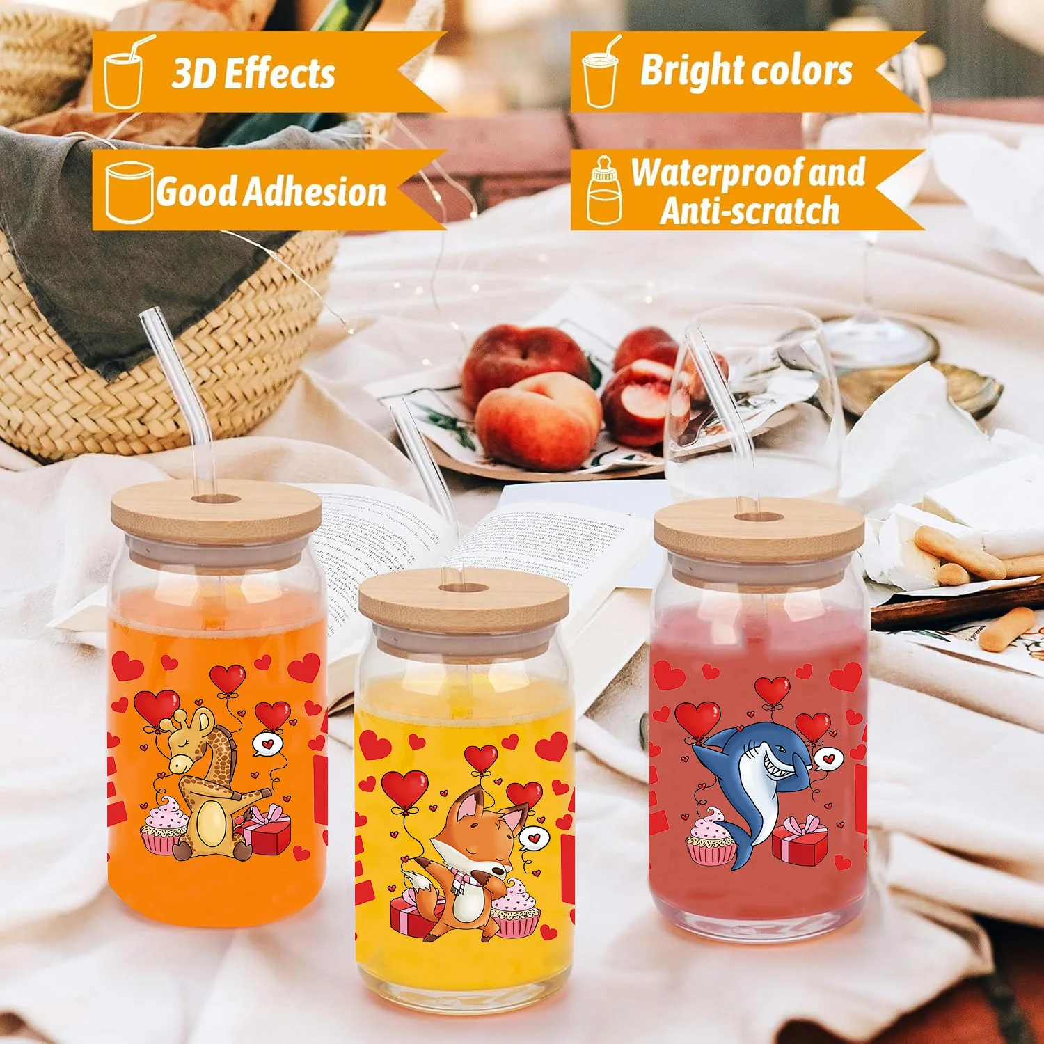 XOXO عيد الحب السعيد سهل التقشير مقاوم للماء حفلة لتقوم بها بنفسك الشارات ثلاثية الأبعاد نقل uvdtf بهلوان ملصقات الختم 16oz uv dtf كوب يلتف