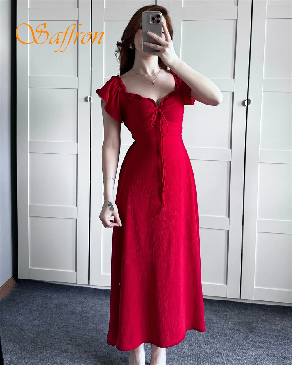 Customized Elegant Square Collar Evening Dress and Simple Jersey Special Occasion Gowns and Classic Short Sleeves Prom Dresses