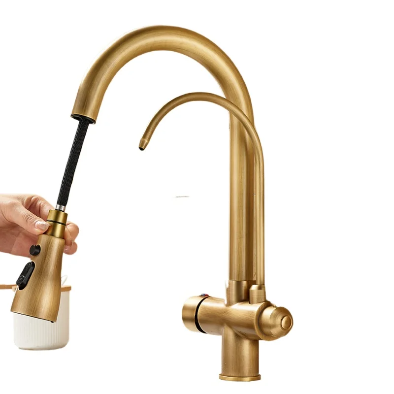 

All-copper three-in-one pure water faucet, kitchen pumping antique , household sink, vegetable basin, pressurized faucet