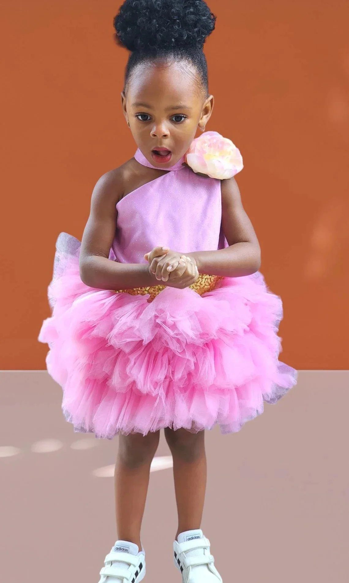 Short Pink Flower Girl Dresses High Neck Customized Tiered Tulle Litter Baby Girls Birthday Gowns Kids Dress For Wedding