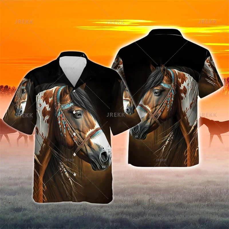 Vintage 3D American West Cowboy masculino impressão camisas havaianas, moda Streetwear, HorseRacing Lapel Blusa Tops