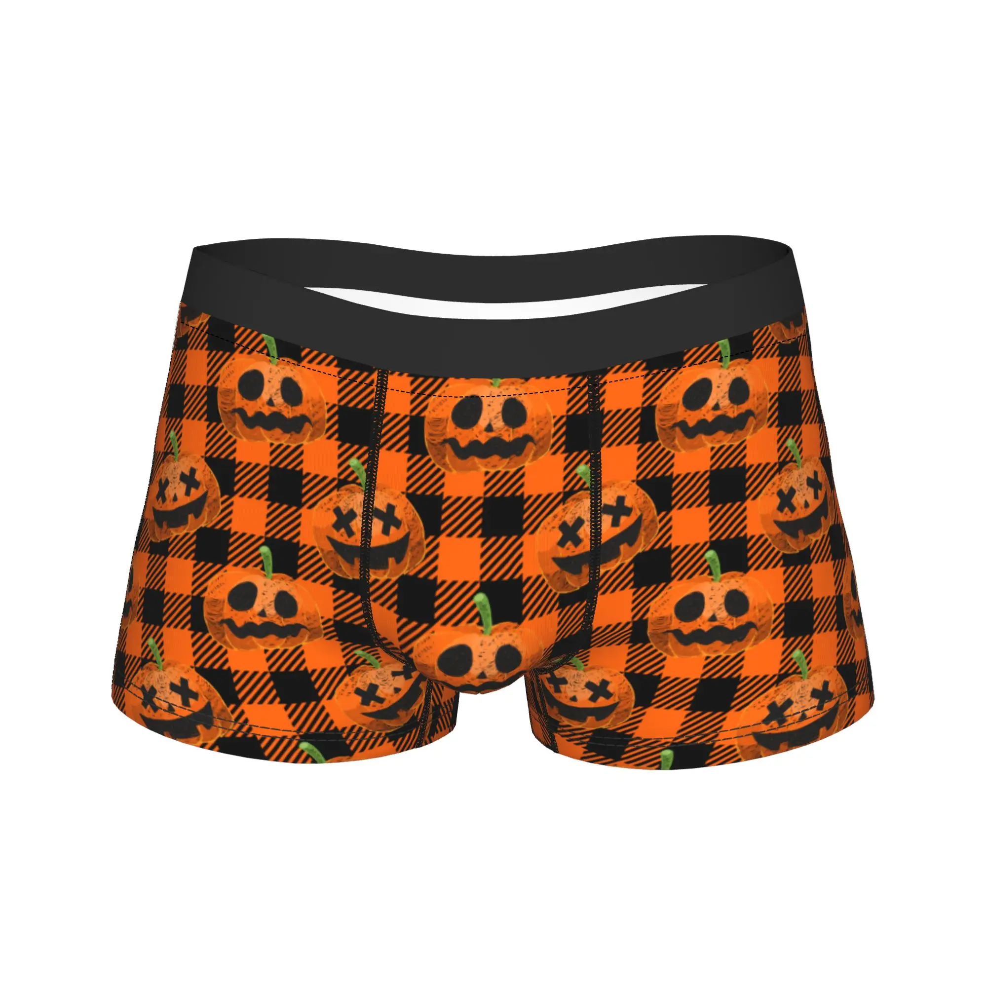 Men Halloween Pumpkins Plaid Long Underwear  Humor Boxer Briefs Shorts Panties Male Breathable Underpants M-XXL